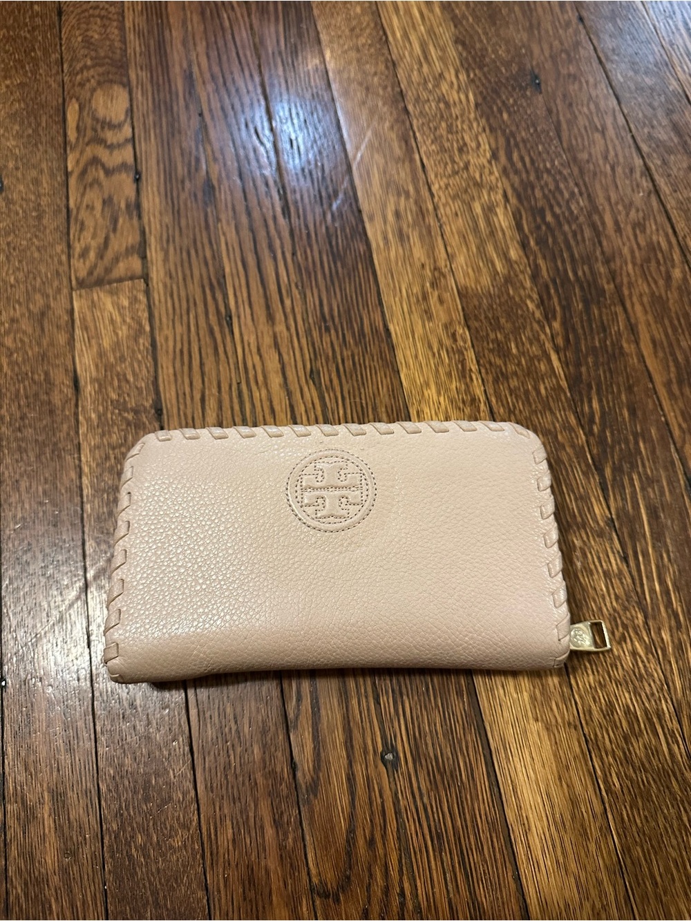 Tory Burch Blush Leather Zip-Around Wallet with Whipstitch Trim